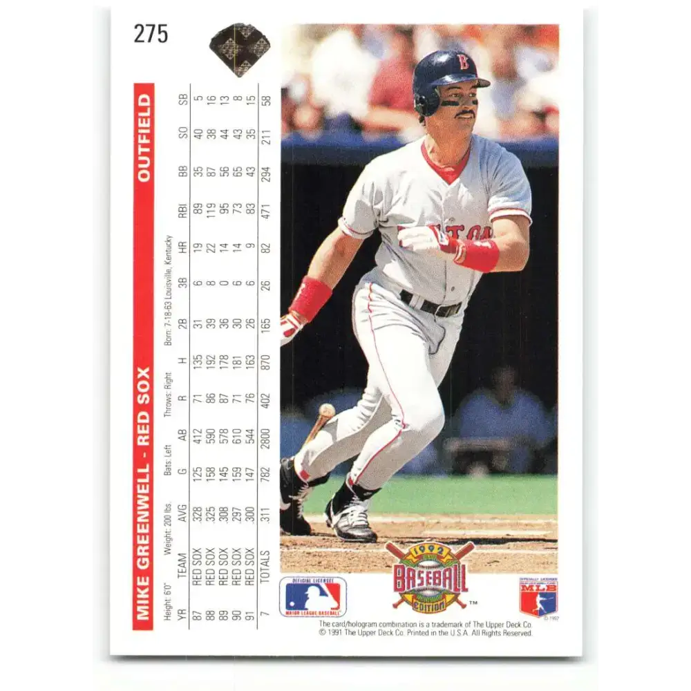 1992 Upper Deck #275 Mike Greenwell NM-MT Boston Red Sox Baseball Card - Baseball Card Single