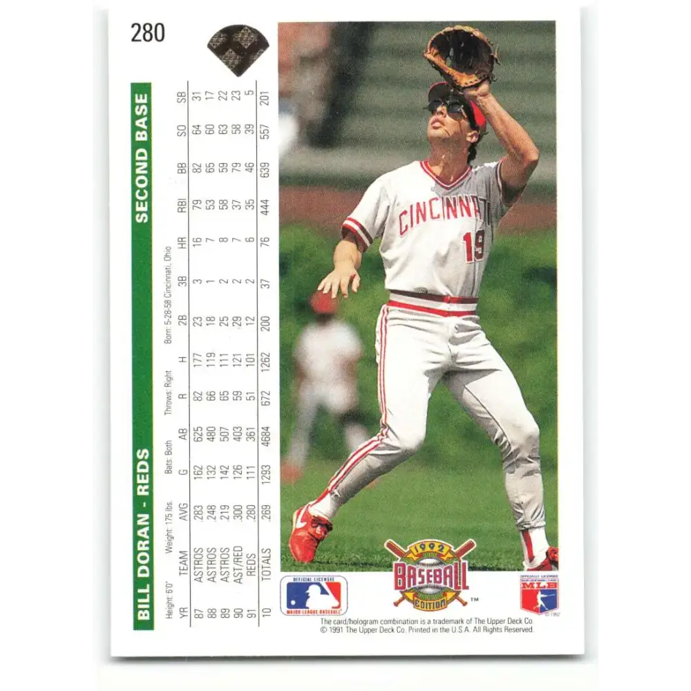 1992 Upper Deck #280 Bill Doran NM-MT Cincinnati Reds Baseball Card - Baseball Card Single