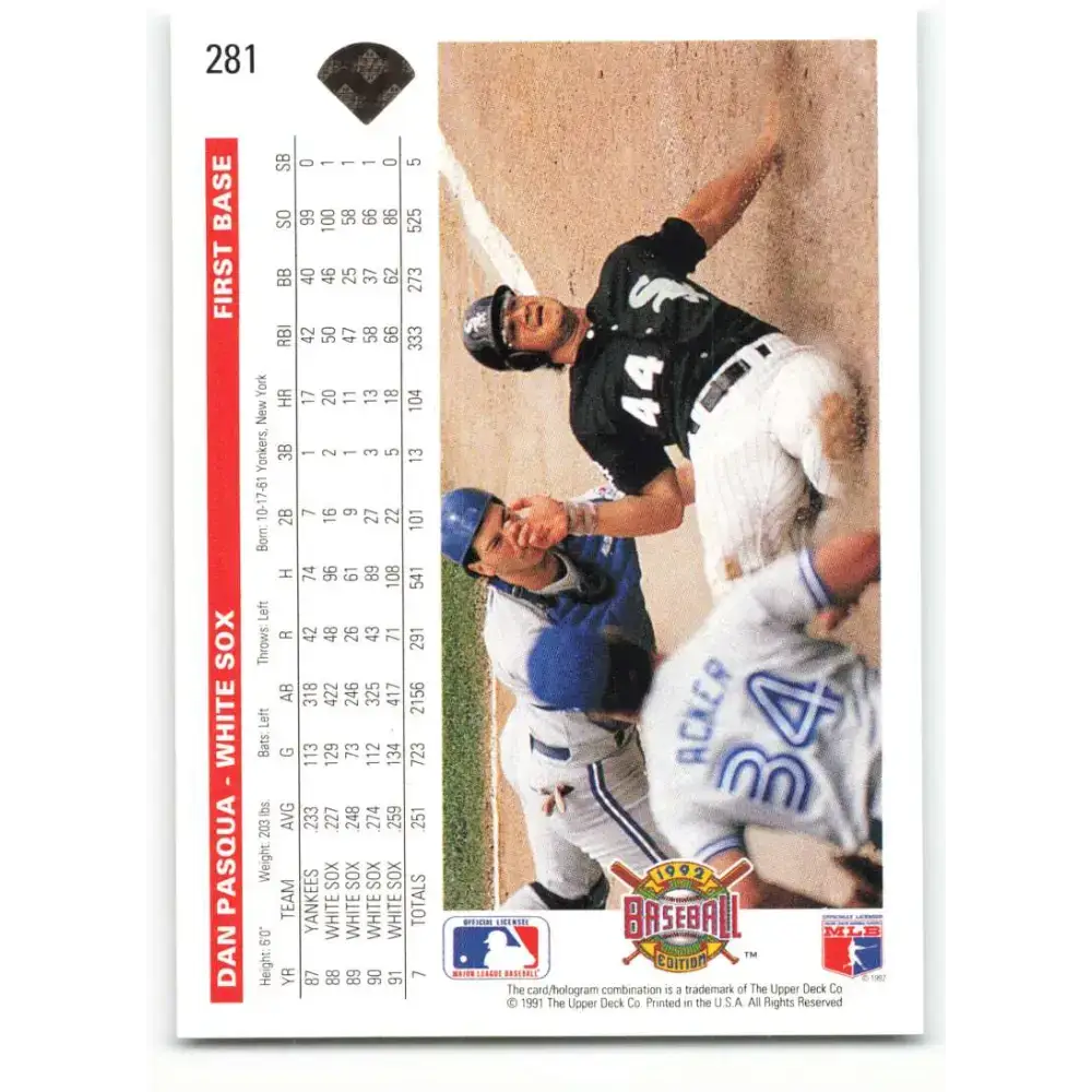 1992 Upper Deck #281 Dan Pasqua NM-MT Chicago White Sox Baseball Card - Baseball Card Single