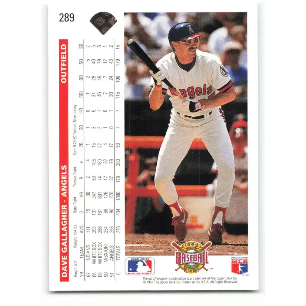 1992 Upper Deck #289 Dave Gallagher NM-MT California Angels Baseball Card - Baseball Card Single
