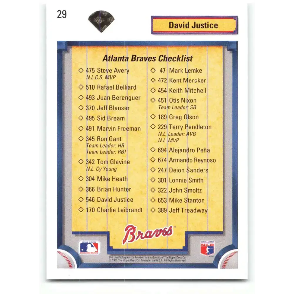 1992 Upper Deck #29 David Justice TC NM-MT Atlanta Braves Baseball Card - Baseball Card Single
