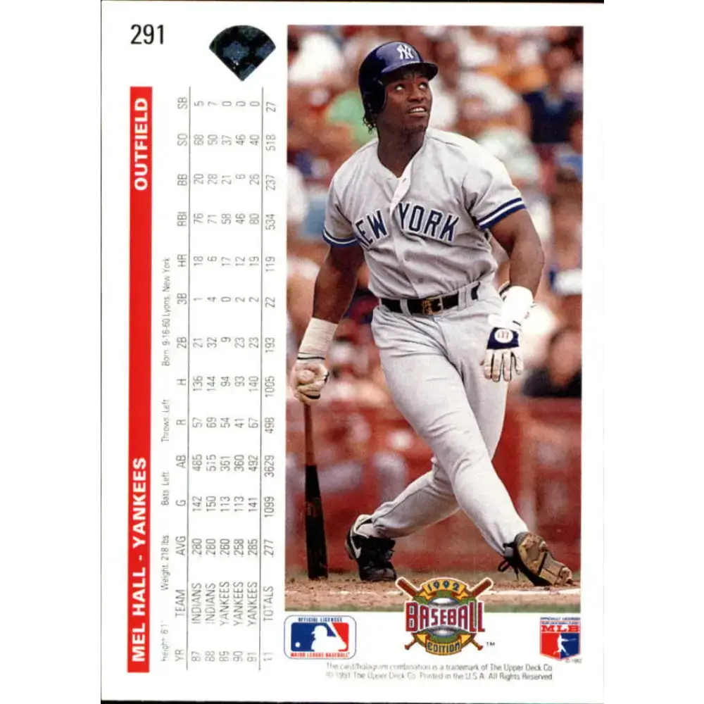 1992 Upper Deck #291 Mel Hall NM-MT New York Yankees Baseball Card