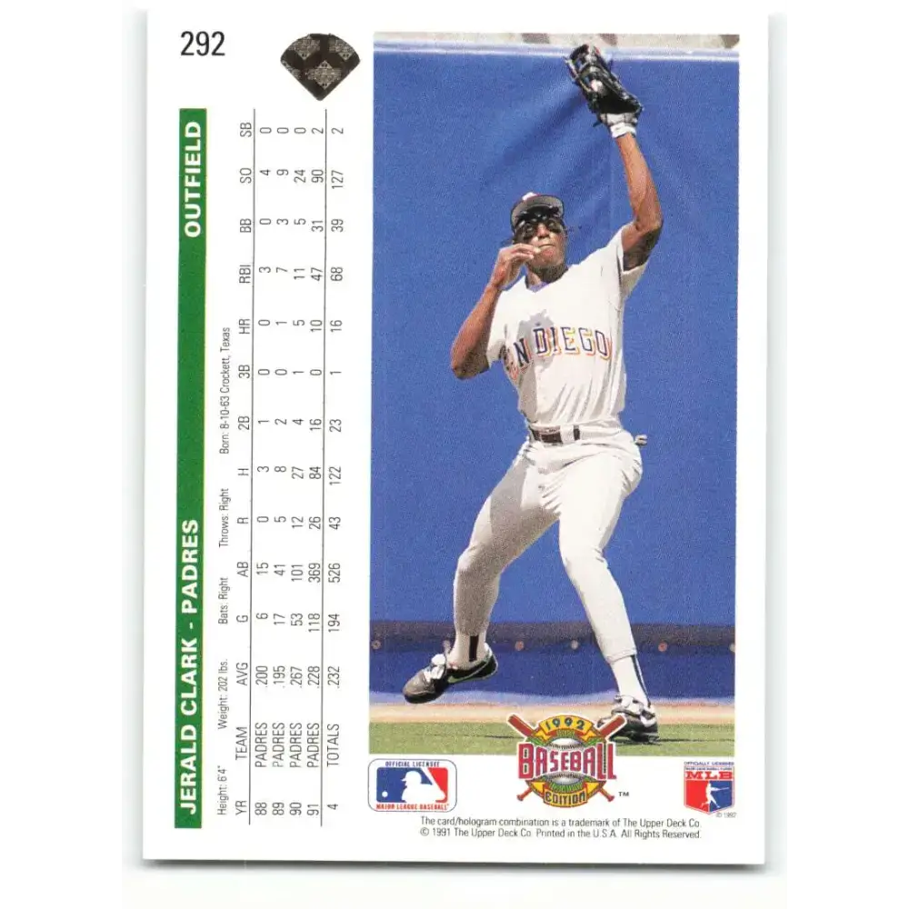 1992 Upper Deck #292 Jerald Clark NM-MT San Diego Padres Baseball Card - Baseball Card Single
