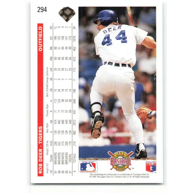 1992 Upper Deck #294 Rob Deer NM-MT Detroit Tigers Baseball Card - Baseball Card Single
