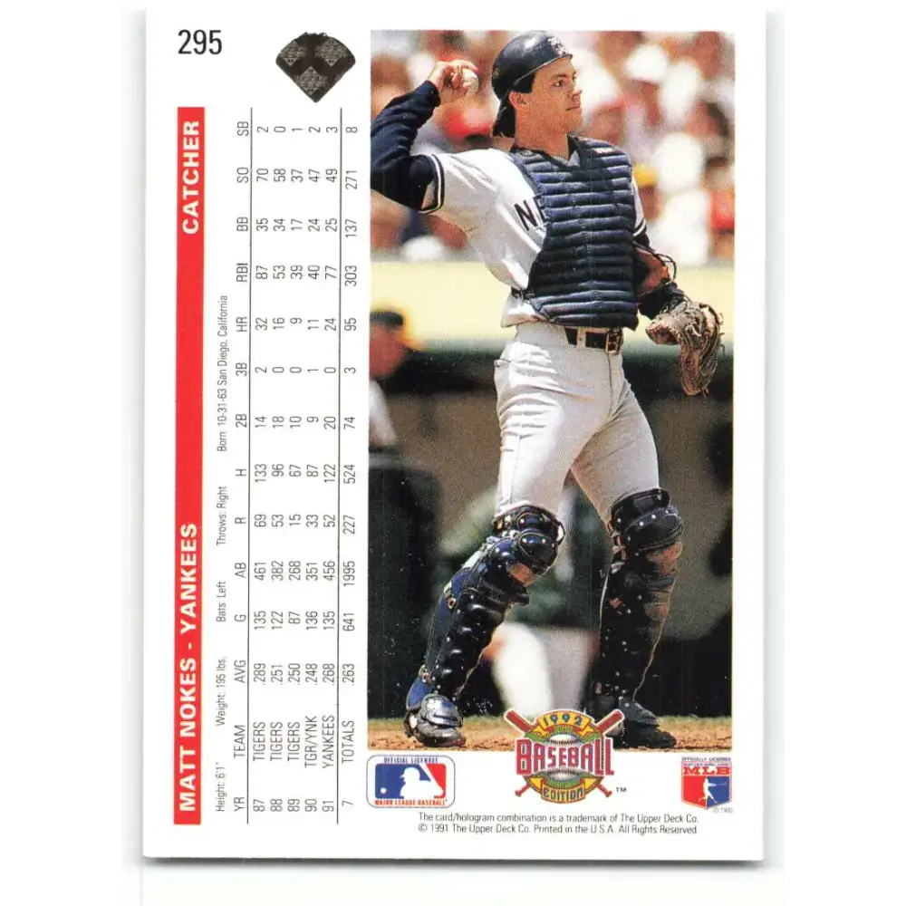 1992 Upper Deck #295 Matt Nokes NM-MT New York Yankees Baseball Card - Baseball Card Single