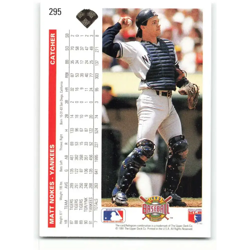 1992 Upper Deck #295 Matt Nokes NM-MT New York Yankees Baseball Card - Baseball Card Single