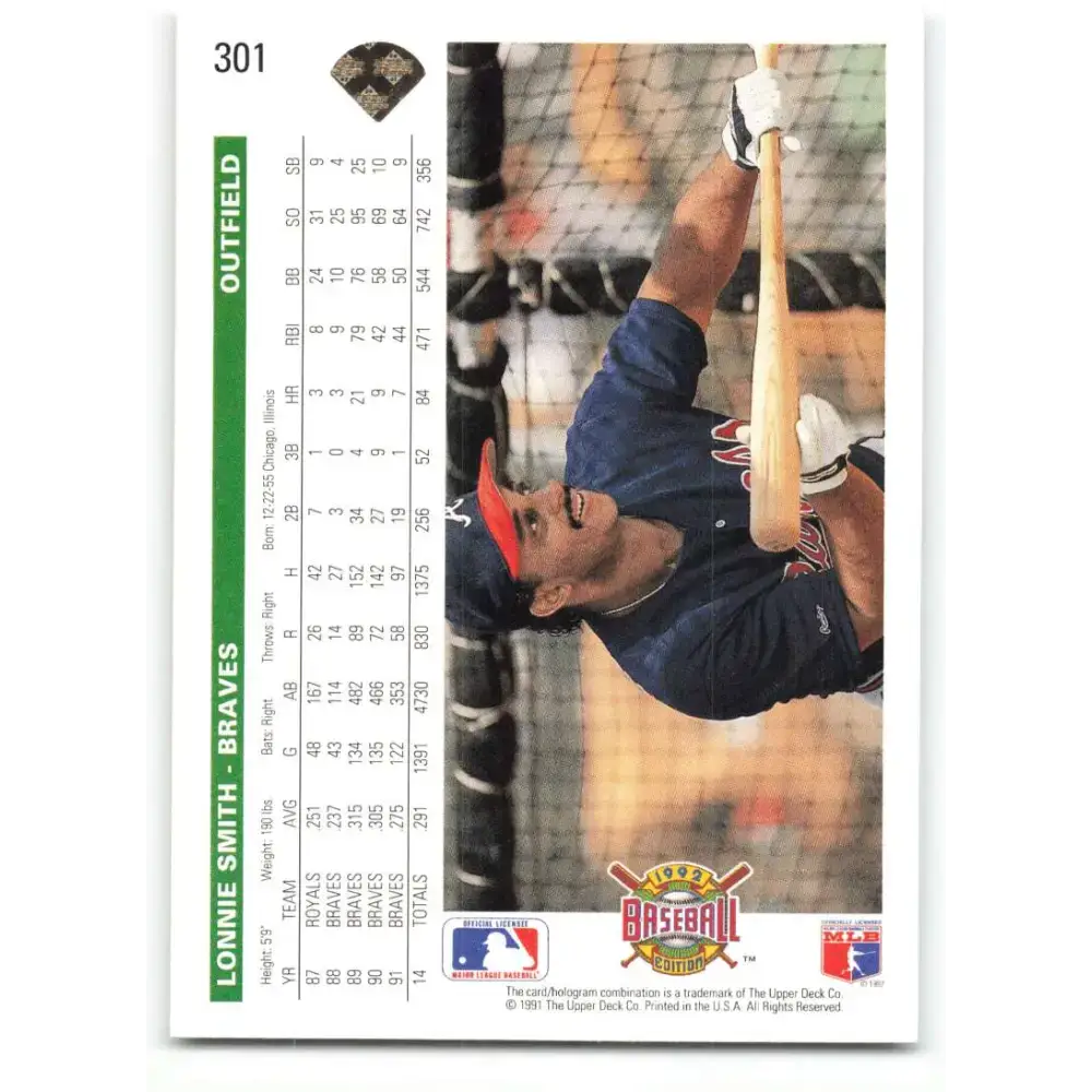 1992 Upper Deck #301 Lonnie Smith NM-MT Atlanta Braves Baseball Card - Baseball Card Single