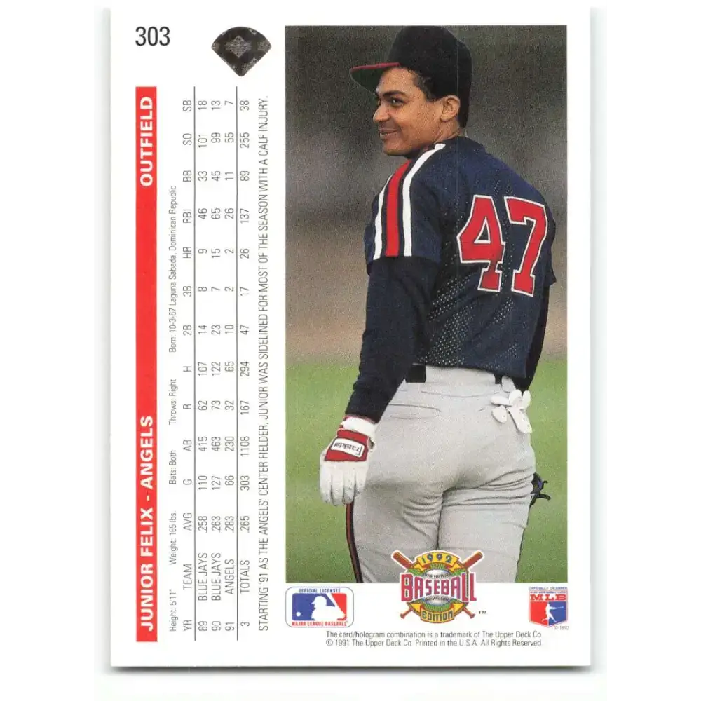 1992 Upper Deck #303 Junior Felix NM-MT California Angels Baseball Card - Baseball Card Single