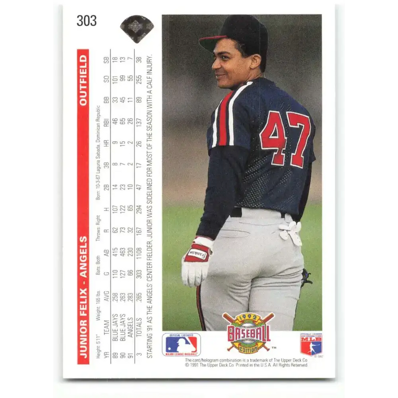 1992 Upper Deck #303 Junior Felix NM-MT California Angels Baseball Card - Baseball Card Single