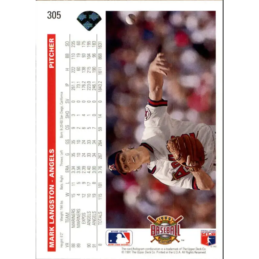 1992 Upper Deck #305 Mark Langston NM-MT California Angels Baseball Card - Baseball Card Single