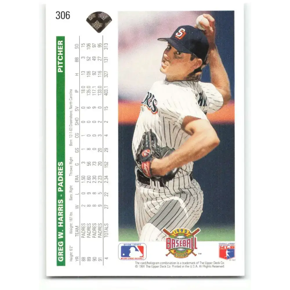 1992 Upper Deck #306 Greg Harris NM-MT San Diego Padres Baseball Card - Baseball Card Single