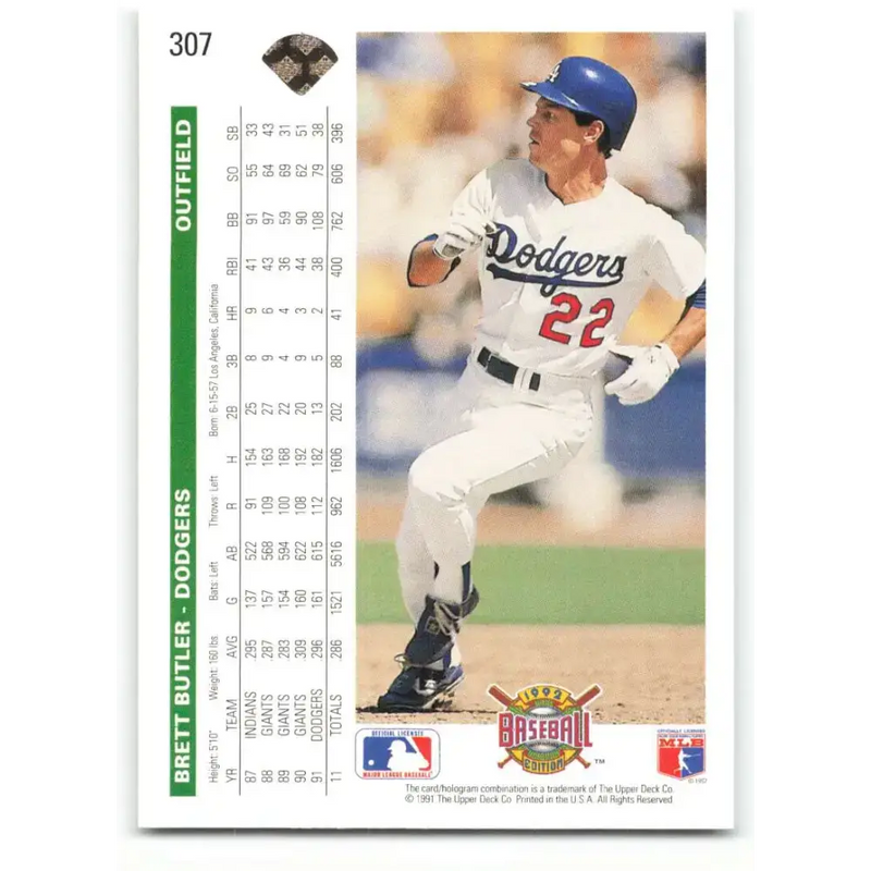 1992 Upper Deck #307 Brett Butler NM-MT Los Angeles Dodgers Baseball Card - Baseball Card Single