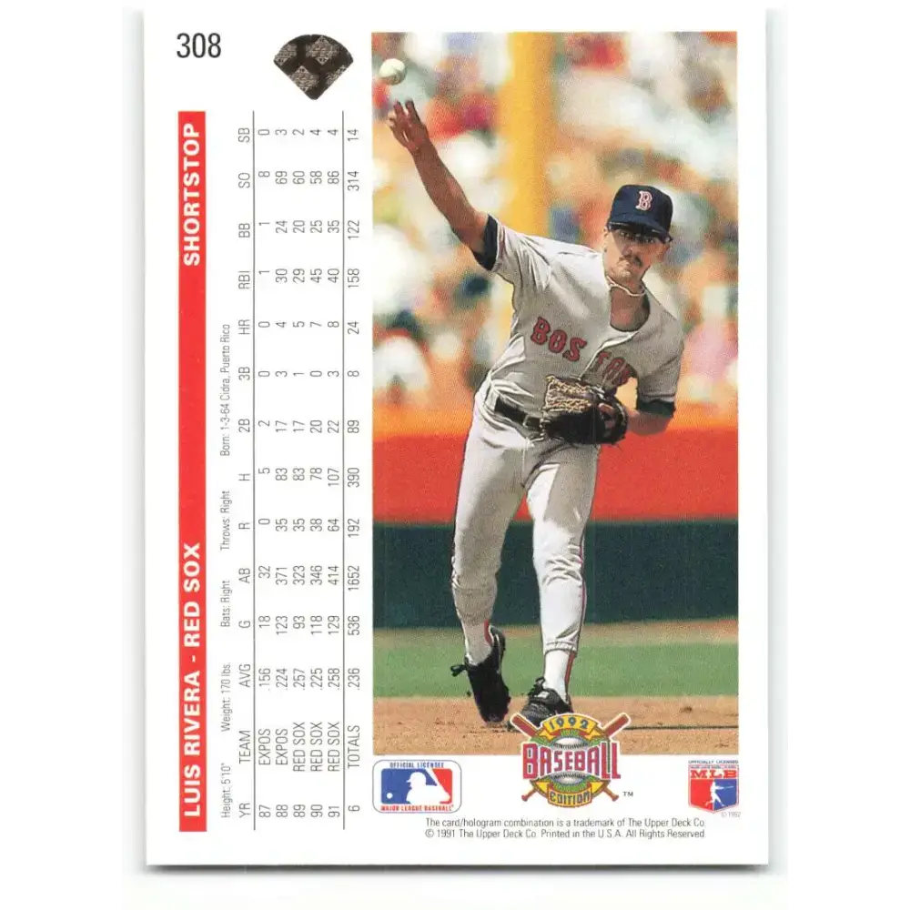 1992 Upper Deck #308 Luis Rivera NM-MT Boston Red Sox Baseball Card - Baseball Card Single