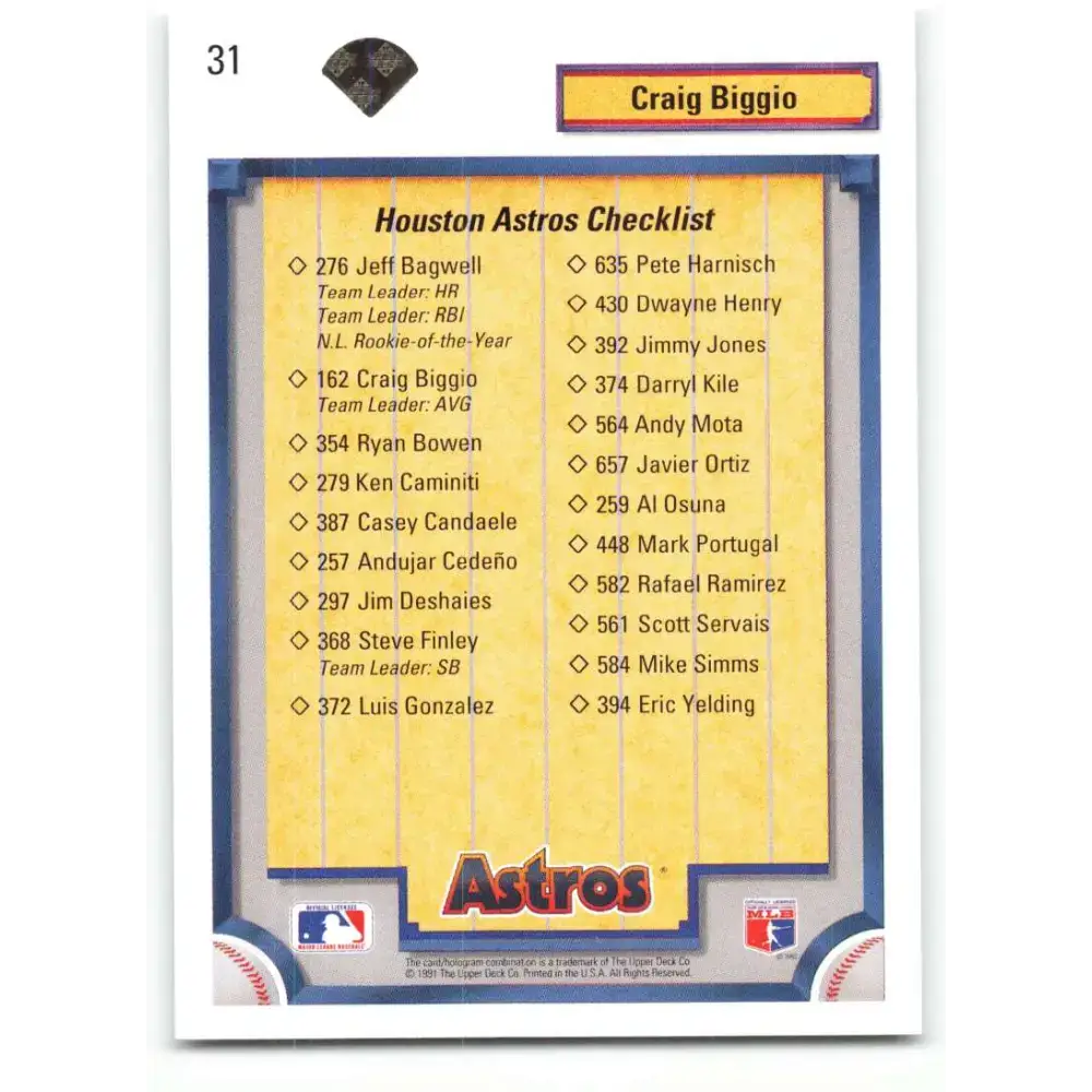 1992 Upper Deck #31 Craig Biggio TC NM-MT Houston Astros Baseball Card - Baseball Card Single