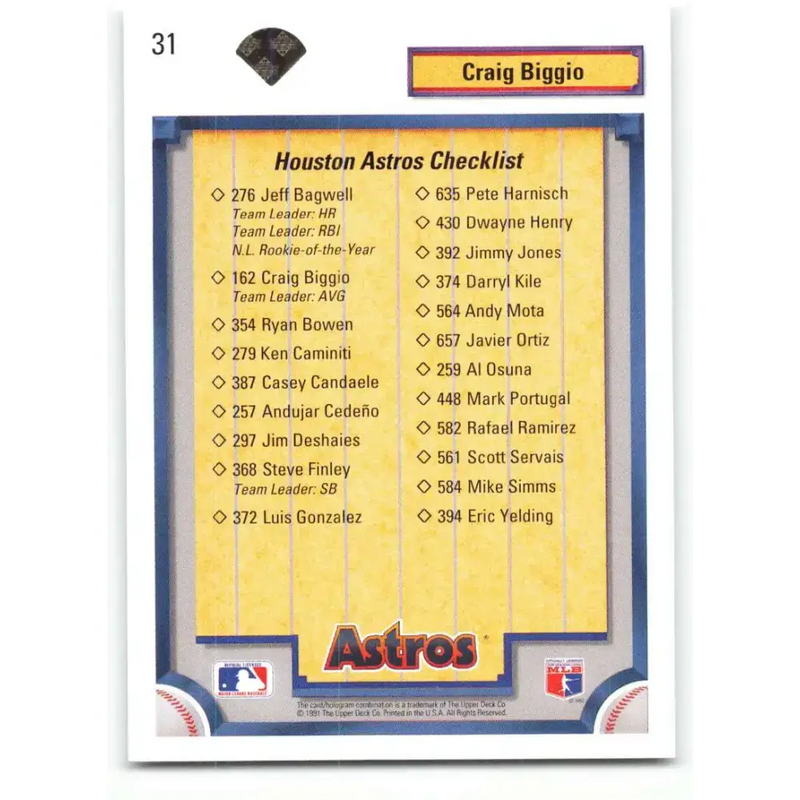 1992 Upper Deck #31 Craig Biggio TC NM-MT Houston Astros Baseball Card - Baseball Card Single
