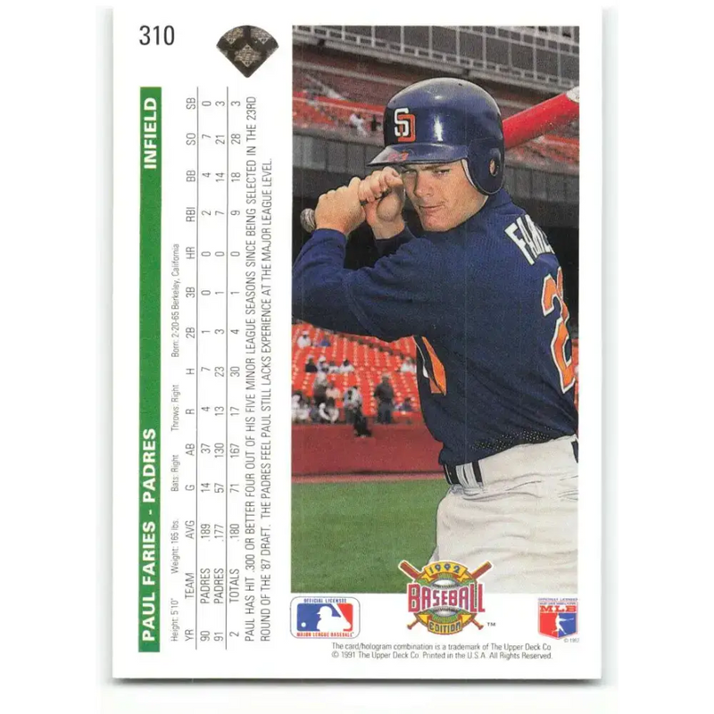 1992 Upper Deck #310 Paul Faries NM-MT San Diego Padres Baseball Card - Baseball Card Single