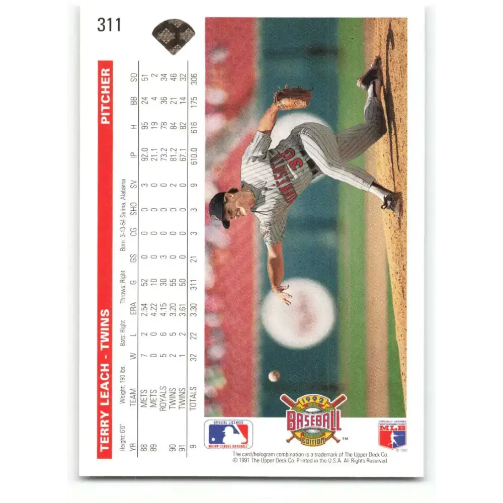1992 Upper Deck #311 Terry Leach NM-MT Minnesota Twins Baseball Card - Baseball Card Single