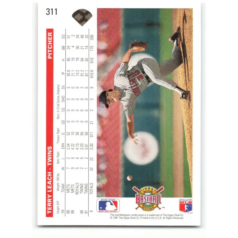 1992 Upper Deck #311 Terry Leach NM-MT Minnesota Twins Baseball Card - Baseball Card Single