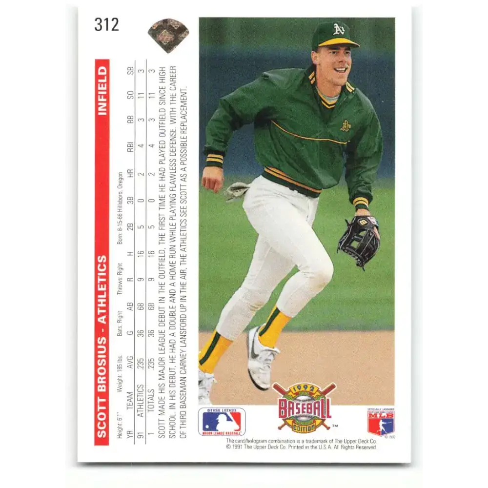 1992 Upper Deck #312 Scott Brosius NM-MT RC Rookie Oakland Athletics Baseball Card - Baseball Card Single