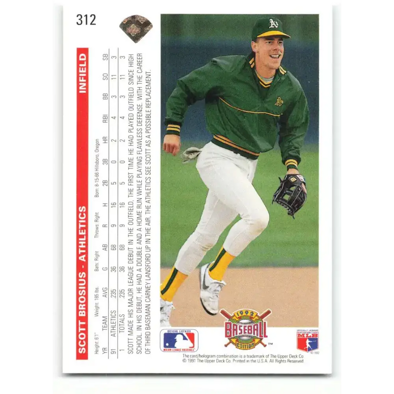 1992 Upper Deck #312 Scott Brosius NM-MT RC Rookie Oakland Athletics Baseball Card - Baseball Card Single