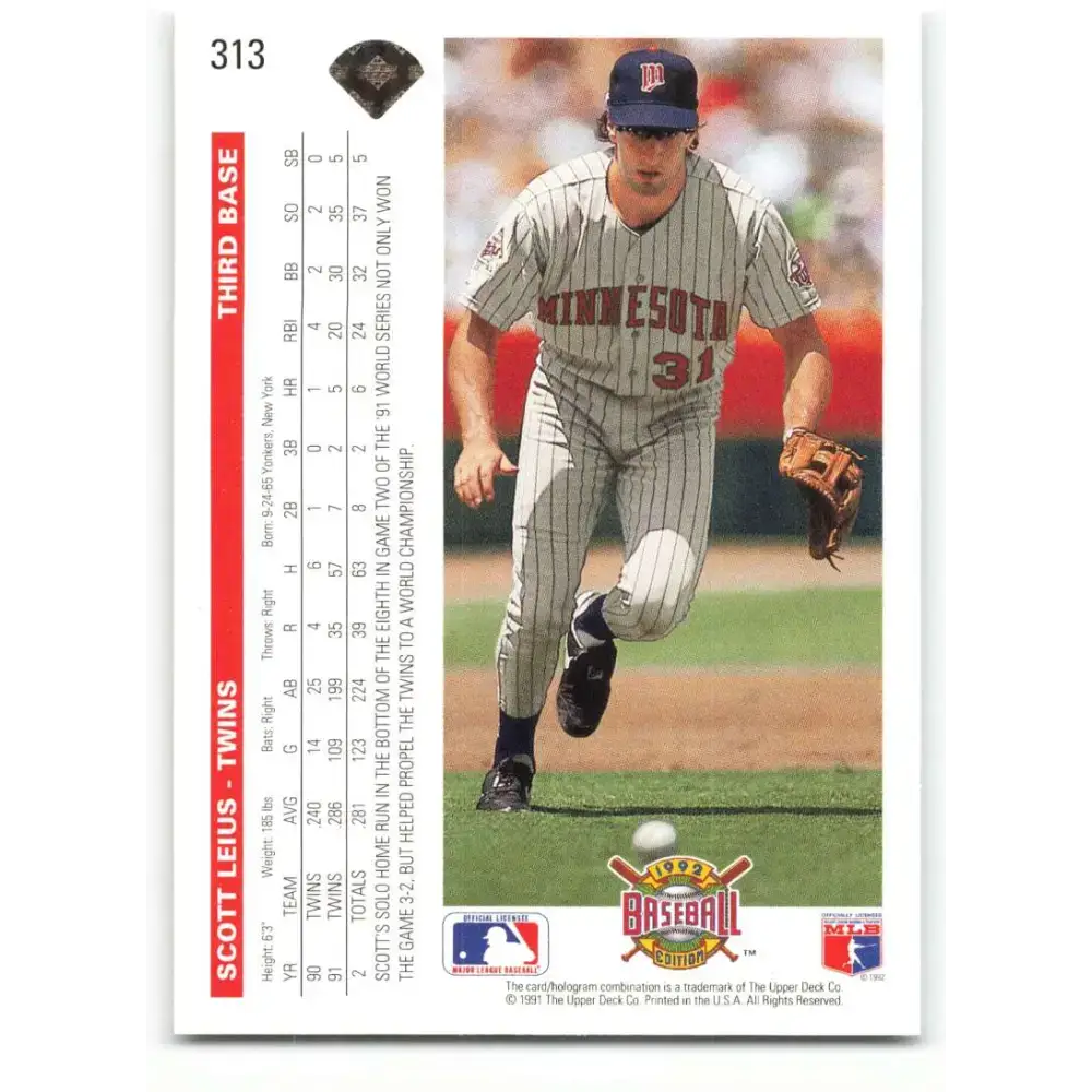 1992 Upper Deck #313 Scott Leius NM-MT Minnesota Twins Baseball Card - Baseball Card Single