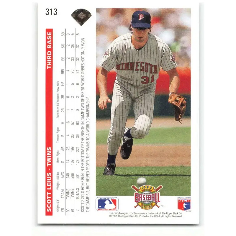 1992 Upper Deck #313 Scott Leius NM-MT Minnesota Twins Baseball Card - Baseball Card Single