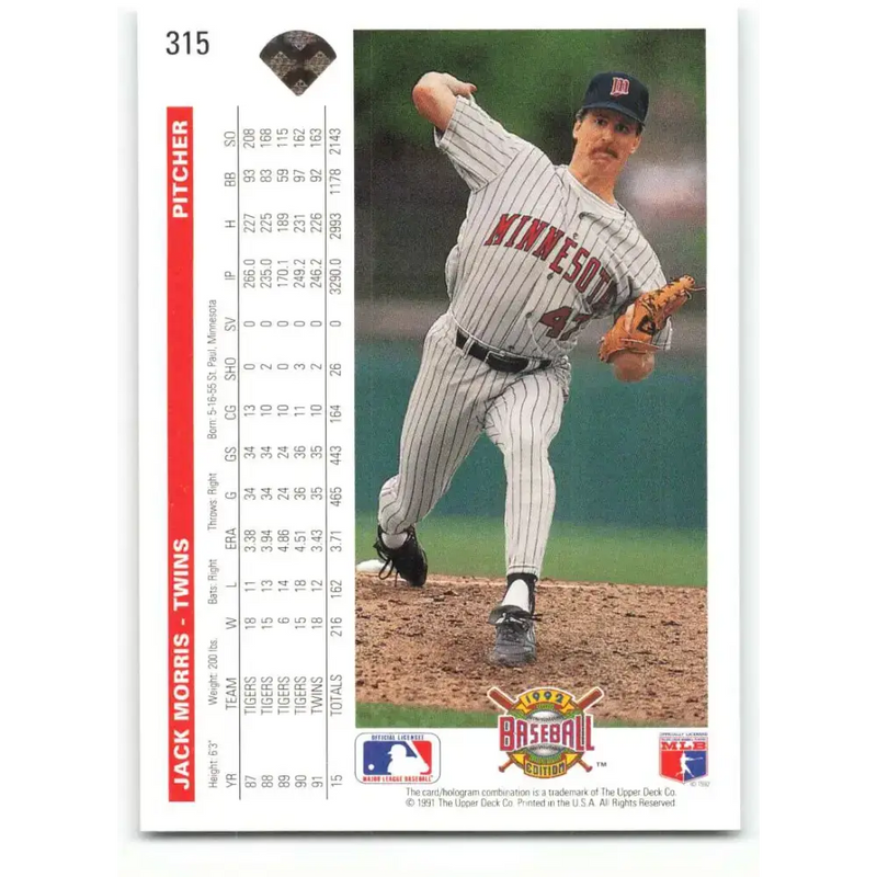 1992 Upper Deck #315 Jack Morris NM-MT Minnesota Twins Baseball Card - Baseball Card Single