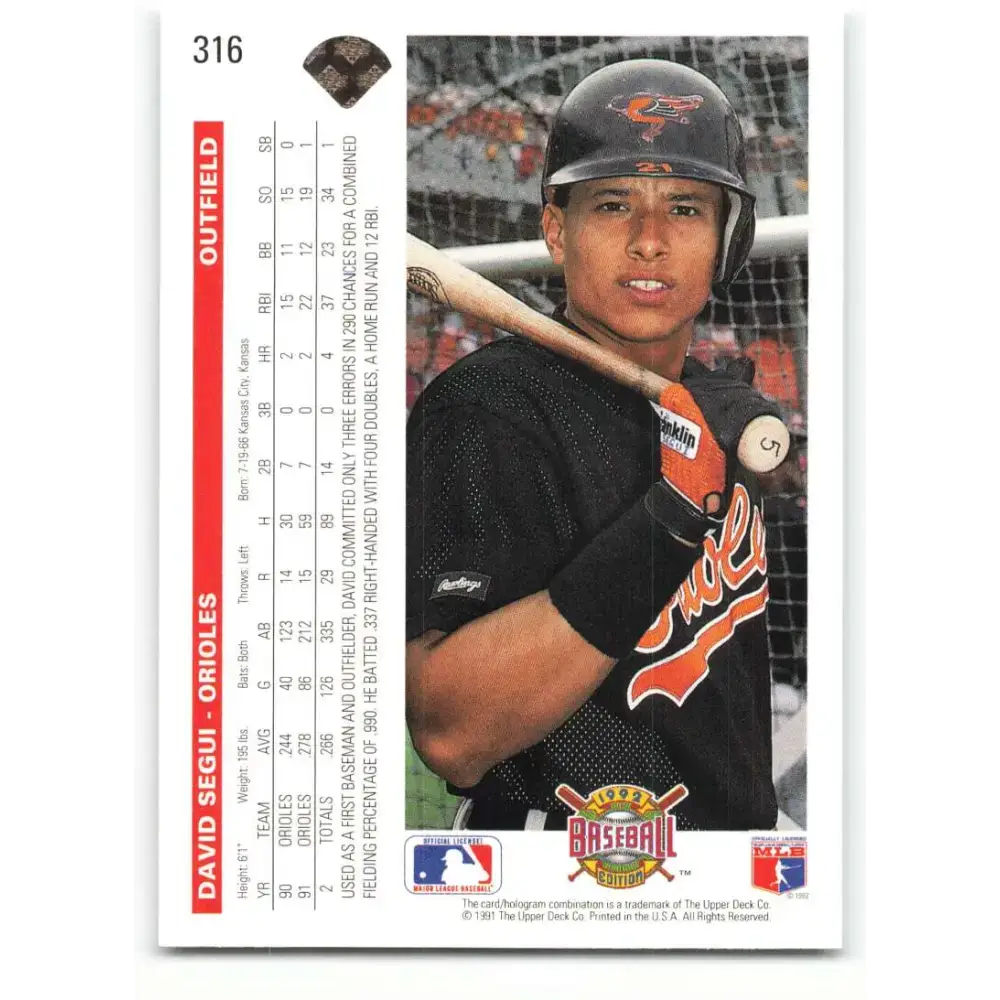 1992 Upper Deck #316 David Segui NM-MT Baltimore Orioles Baseball Card - Baseball Card Single