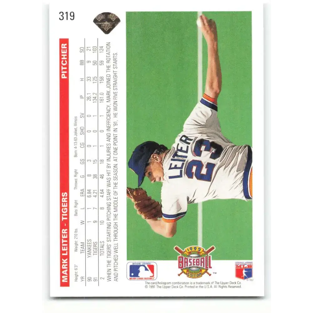 1992 Upper Deck #319 Mark Leiter NM-MT Detroit Tigers Baseball Card - Baseball Card Single