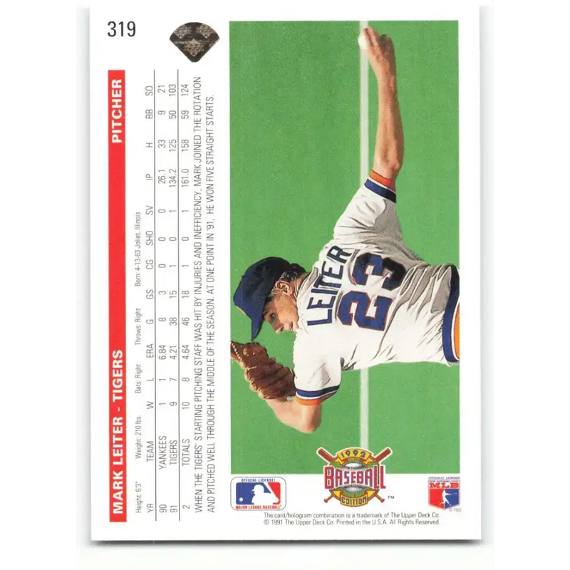 1992 Upper Deck #319 Mark Leiter NM-MT Detroit Tigers Baseball Card - Baseball Card Single