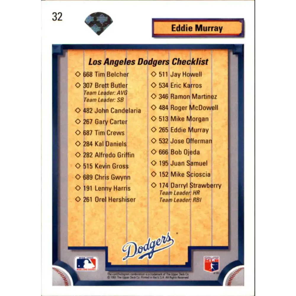 1992 Upper Deck #32 Eddie Murray TC NM-MT Los Angeles Dodgers Baseball Card - Baseball Card Single