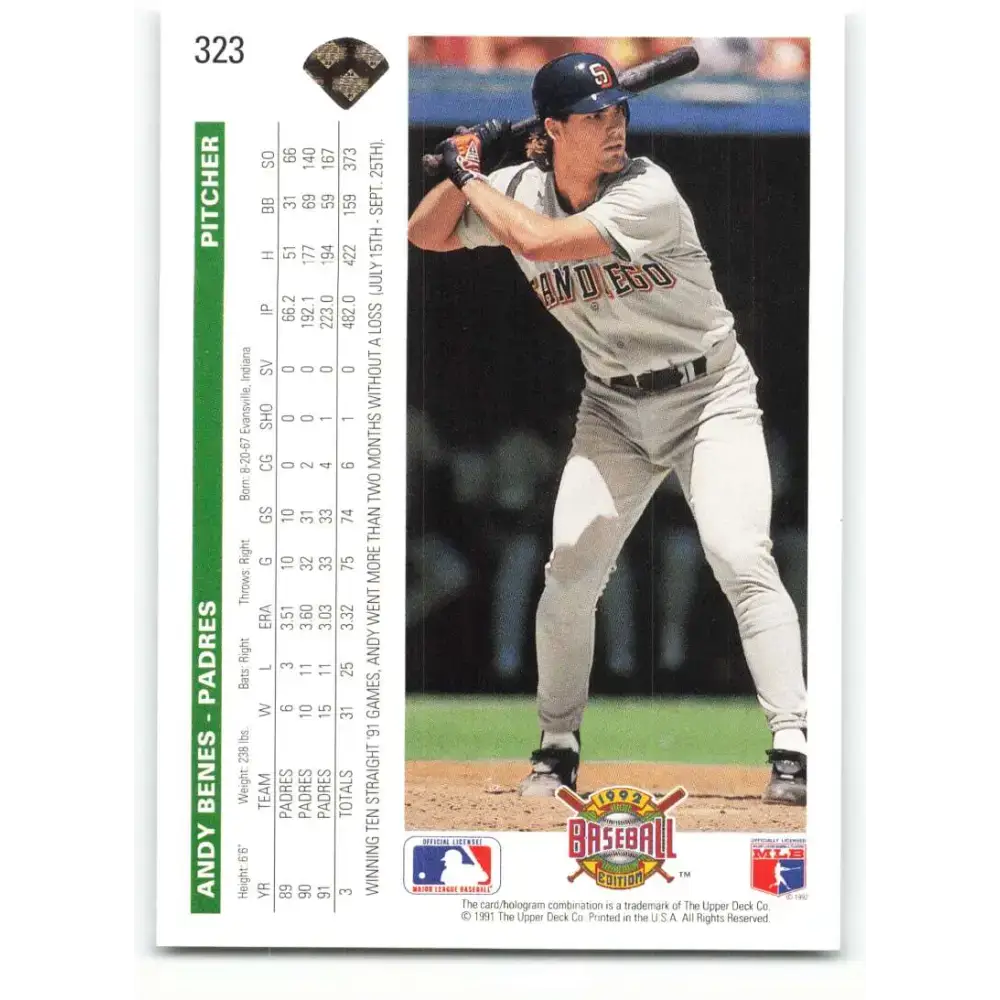1992 Upper Deck #323 Andy Benes NM-MT San Diego Padres Baseball Card - Baseball Card Single