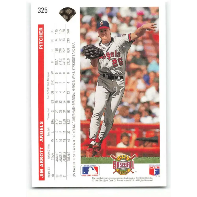 1992 Upper Deck #325 Jim Abbott NM-MT California Angels Baseball Card - Baseball Card Single