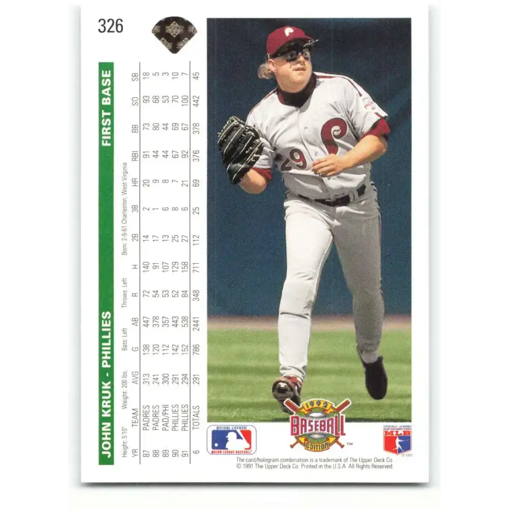 1992 Upper Deck #326 John Kruk NM-MT Philadelphia Phillies Baseball Card - Baseball Card Single