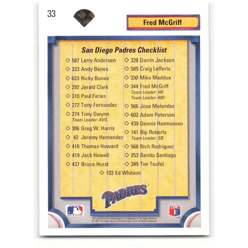 1992 Upper Deck #33 Fred McGriff TC NM-MT San Diego Padres Baseball Card - Baseball Card Single