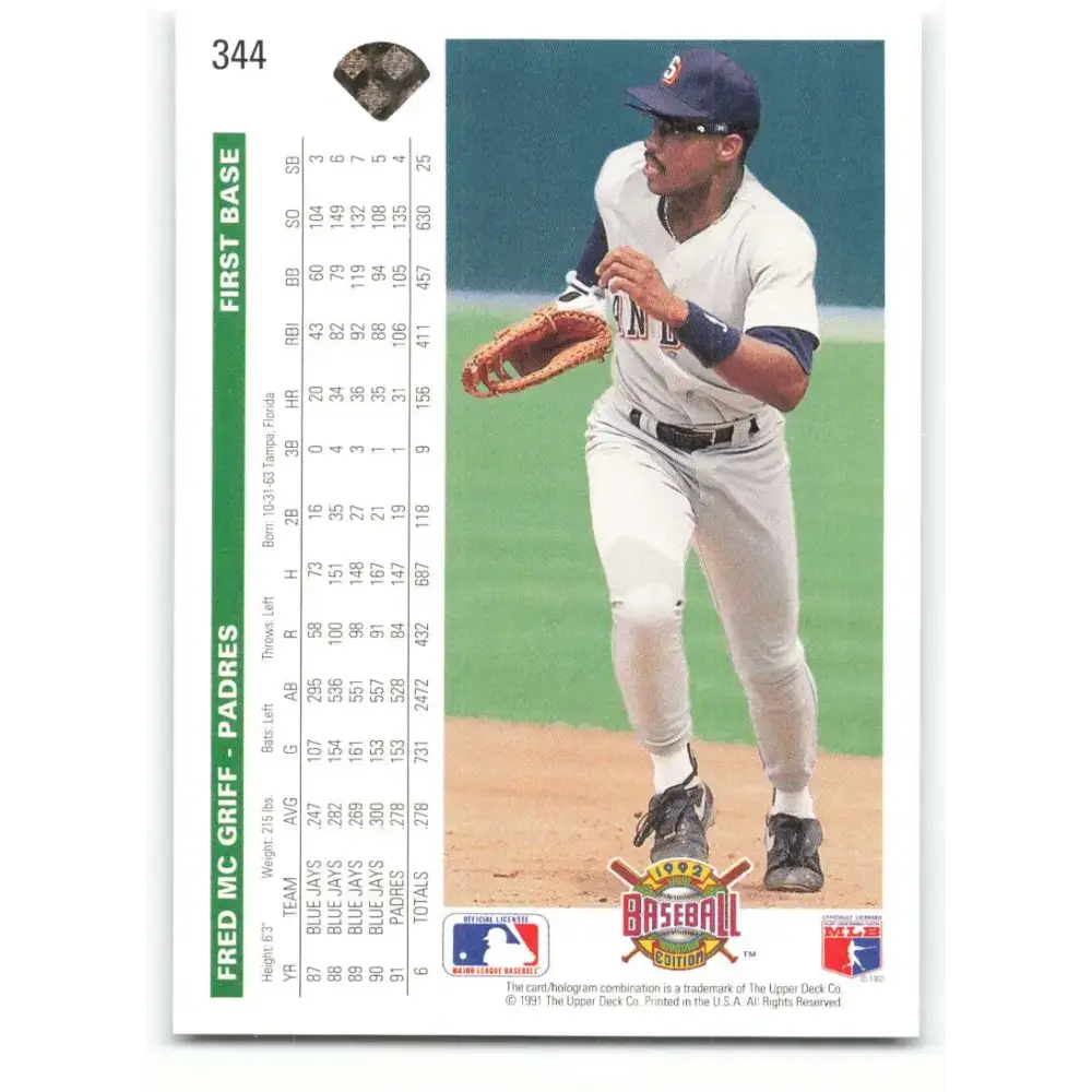 1992 Upper Deck #344 Fred McGriff NM-MT San Diego Padres Baseball Card - Baseball Card Single