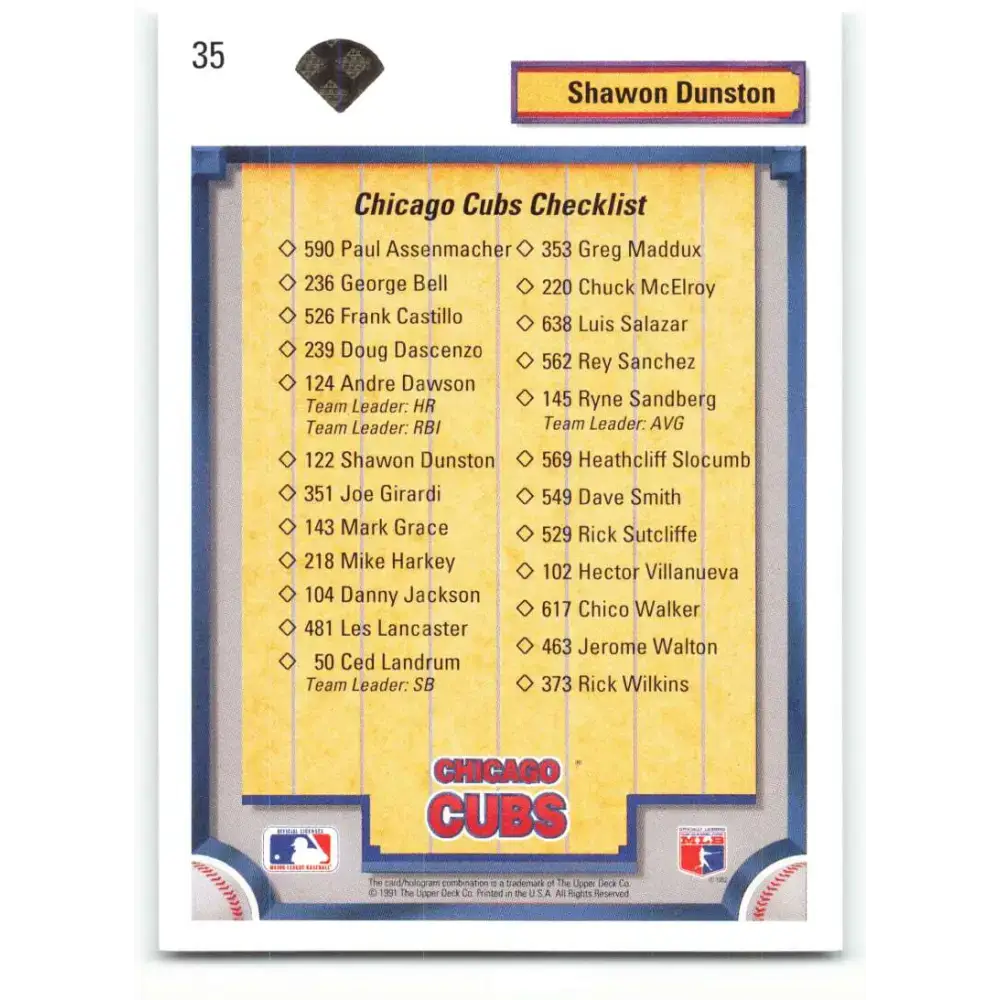 1992 Upper Deck #35 Shawon Dunston TC NM-MT Chicago Cubs Baseball Card - Baseball Card Single