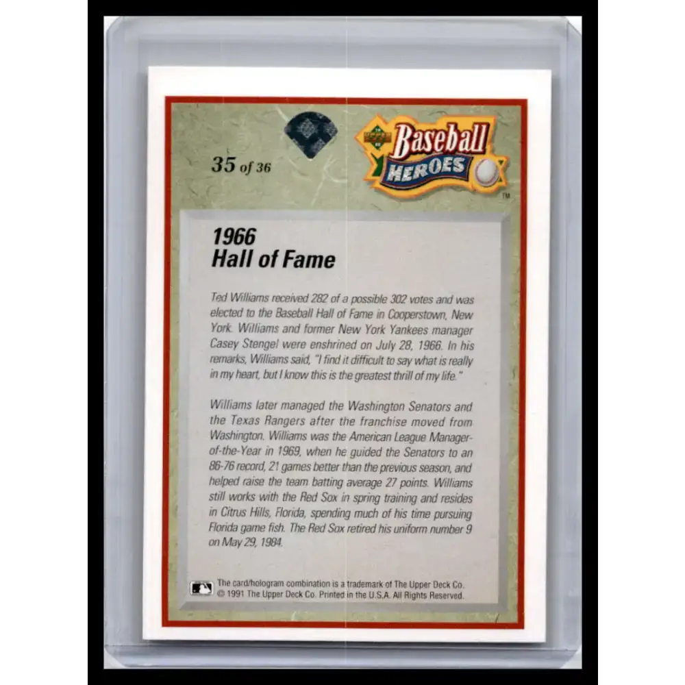 1992 Upper Deck #35 Ted Williams NM-MT Boston Red Sox Baseball Card - Baseball Card Single