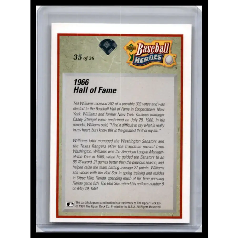 1992 Upper Deck #35 Ted Williams NM-MT Boston Red Sox Baseball Card - Baseball Card Single