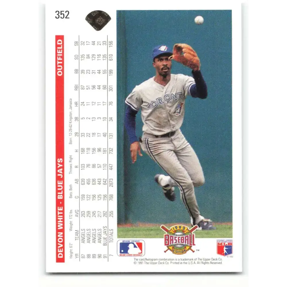 1992 Upper Deck #352 Devon White NM-MT Toronto Blue Jays Baseball Card - Baseball Card Single
