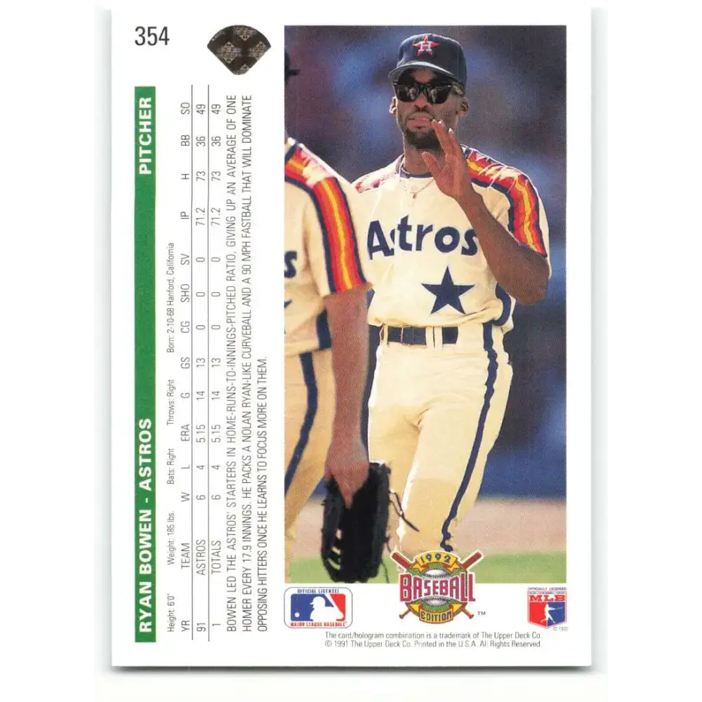 1992 Upper Deck #354 Ryan Bowen NM-MT Houston Astros Baseball Card - Baseball Card Single