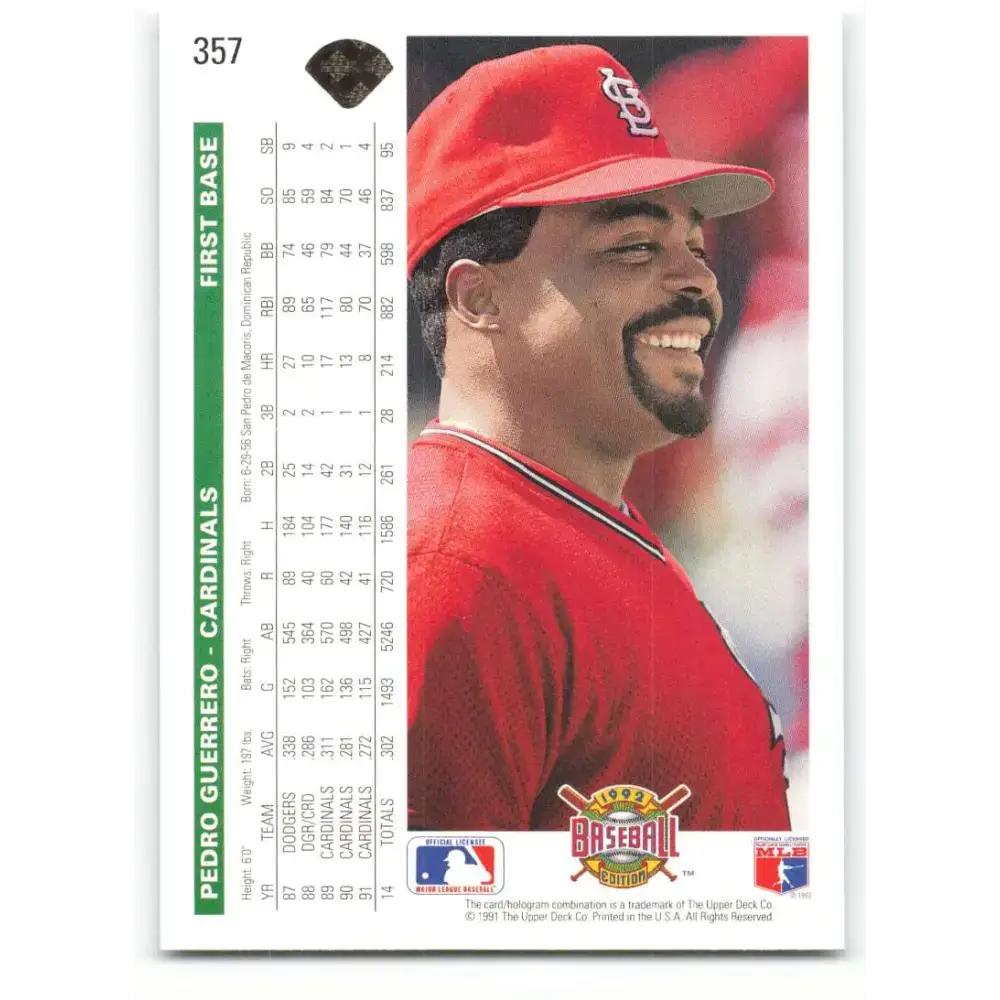 1992 Upper Deck #357 Pedro Guerrero NM-MT St. Louis Cardinals Baseball Card - Baseball Card Single