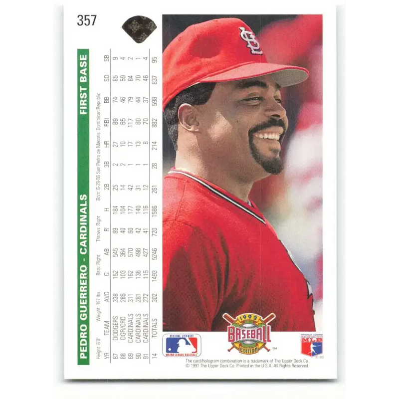 1992 Upper Deck #357 Pedro Guerrero NM-MT St. Louis Cardinals Baseball Card - Baseball Card Single