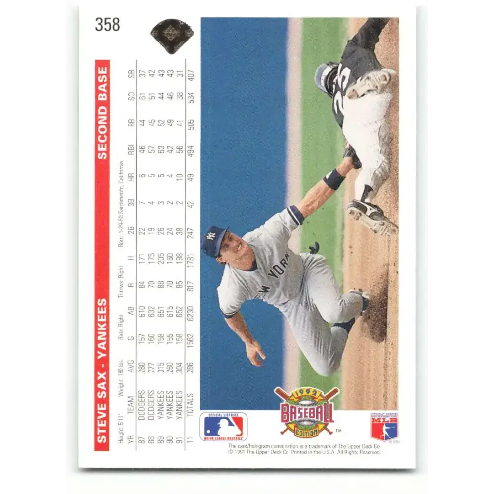 1992 Upper Deck #358 Steve Sax NM-MT New York Yankees Baseball Card - Baseball Card Single