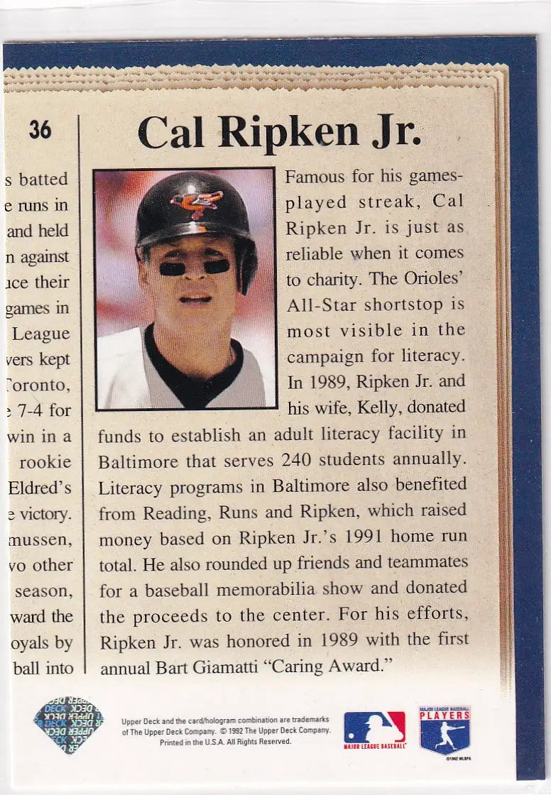 1992 UPPER DECK #36 CAL RIPKEN JR COMMUNITY HEROS- BALTIMORE ORIOLES - Baseball Card Single