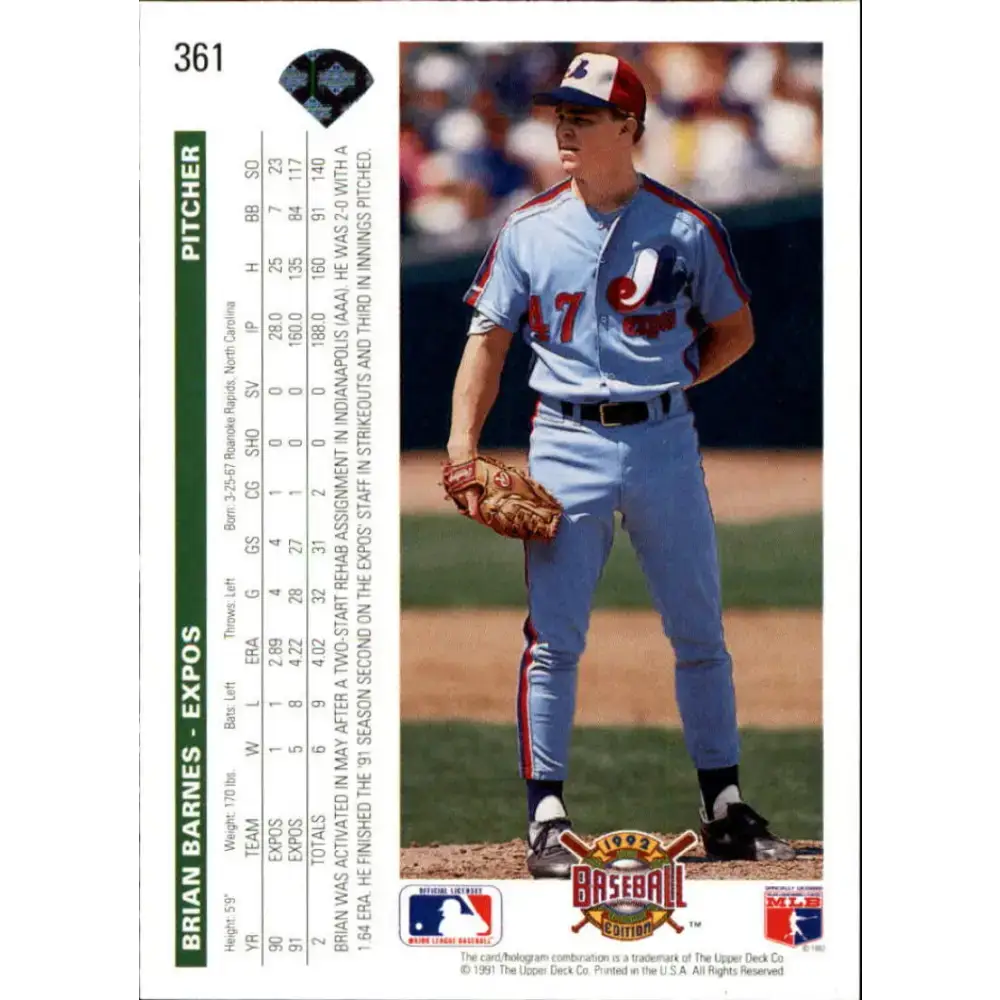 1992 Upper Deck #361 Brian Barnes NM-MT Montreal Expos Baseball Card - Baseball Card Single