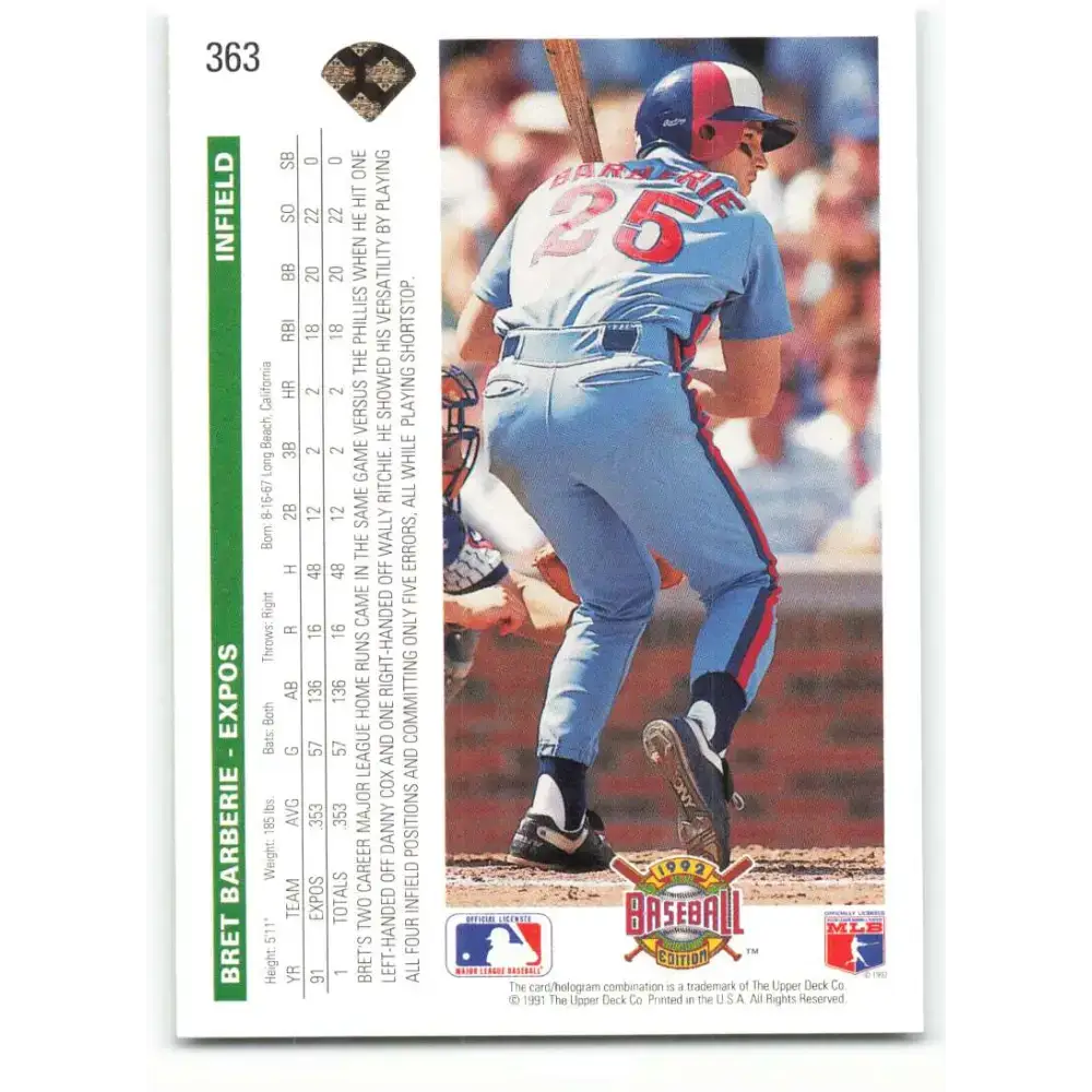 1992 Upper Deck #363 Bret Barberie NM-MT Montreal Expos Baseball Card - Baseball Card Single
