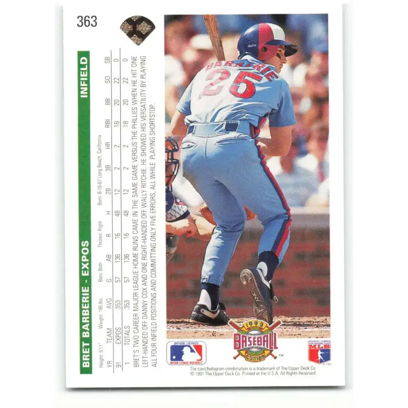 1992 Upper Deck #363 Bret Barberie NM-MT Montreal Expos Baseball Card - Baseball Card Single