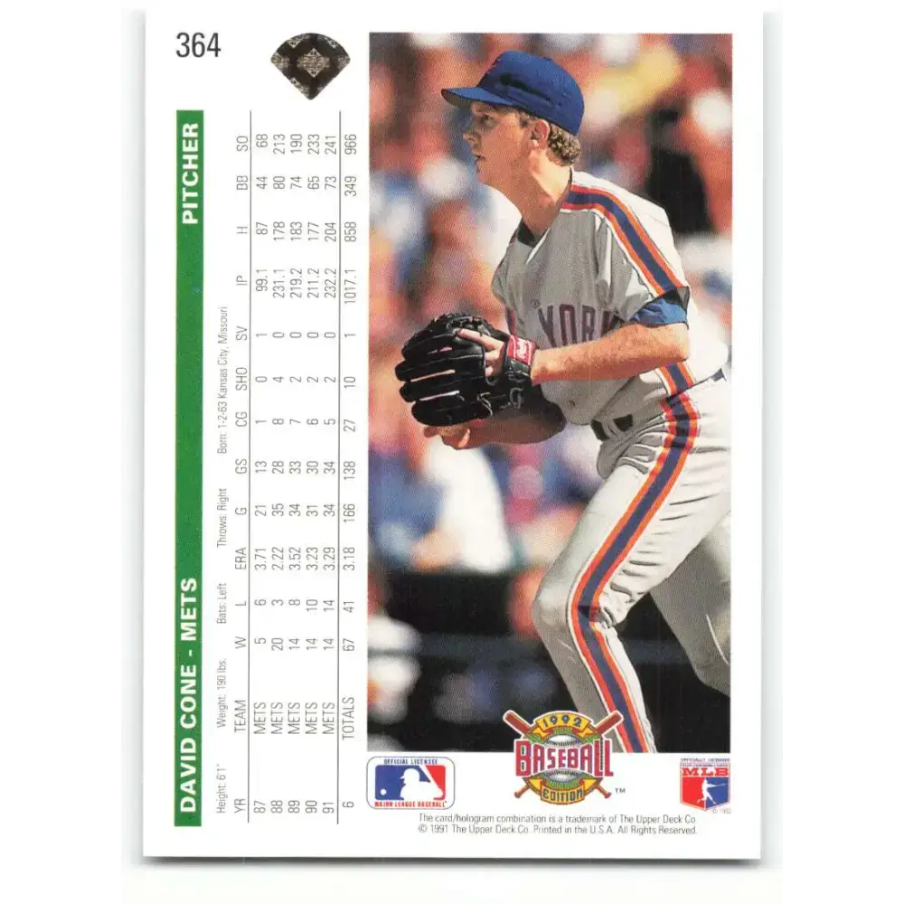 1992 Upper Deck #364 David Cone NM-MT New York Mets Baseball Card - Baseball Card Single