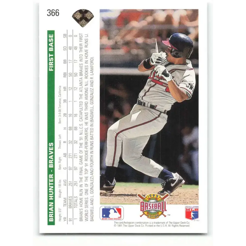 1992 Upper Deck #366 Brian Hunter NM-MT Atlanta Braves Baseball Card - Baseball Card Single